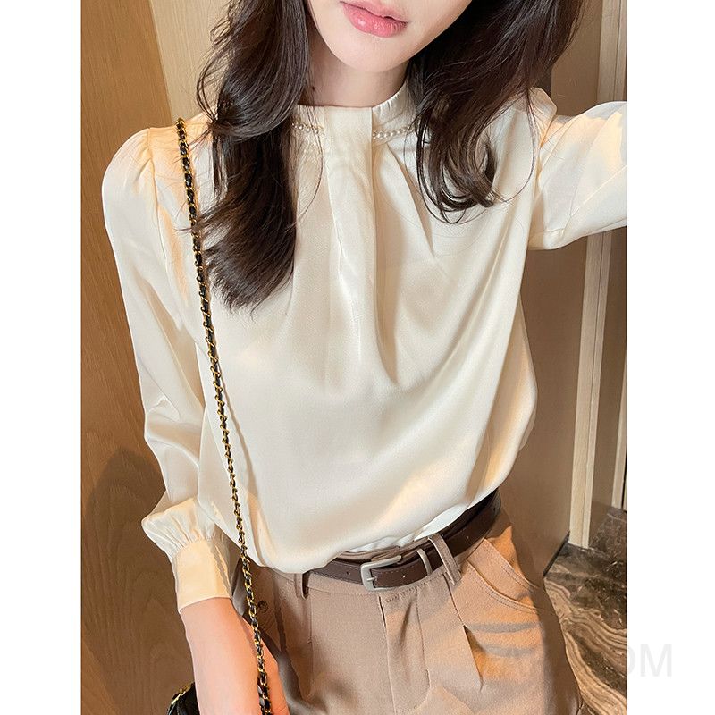 가을 진주 장식 쉬폰 블라우스 여성용 루즈핏 라운드넥 스타일 레트로 감각 고급스러운 디자인 하객룩용 - 상세 이미지 5