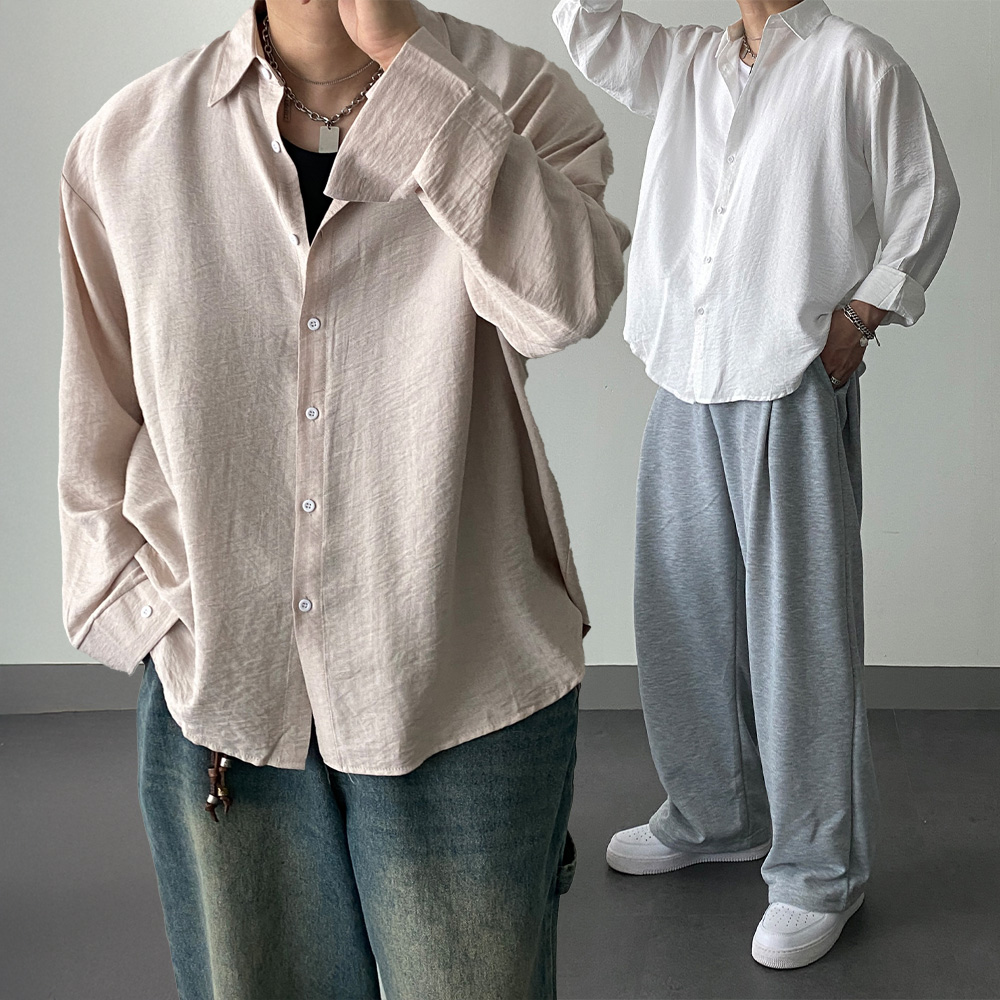 1+1 오버핏 남자흰색셔츠 나일론 긴팔 캐주얼 퓨어 미니멀 - 상품 이미지