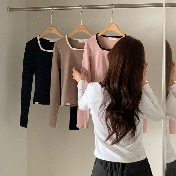[자체제작] Petite Note No.03 배색 스퀘어넥 라벨 포인트 티셔츠 ts4540 - 상품 이미지