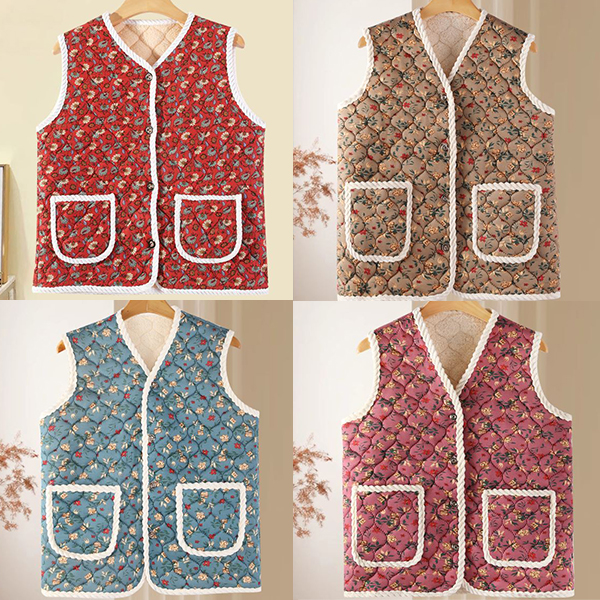 꽃무늬 김장 할머니 촌캉스 조끼 어르신 누빔 양털 융털 단추 남성 여성 보온 겨울 기모조끼 대표 이미지