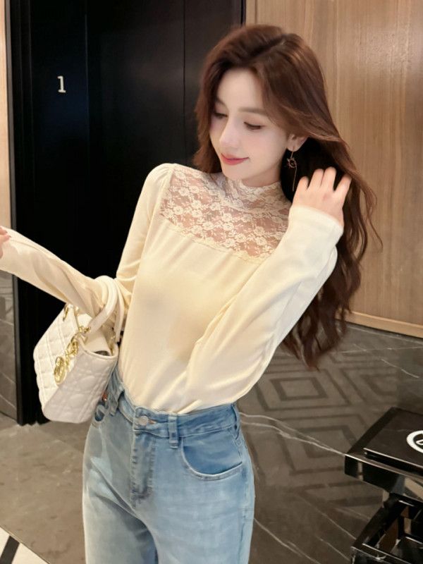 여성 긴팔 레이스 티셔츠 가을용 스티칭 디자인 데일리 스타일 통기성 좋은 캐주얼 탑 모던한 착용감 편안한 출근룩 - 상세 이미지 5