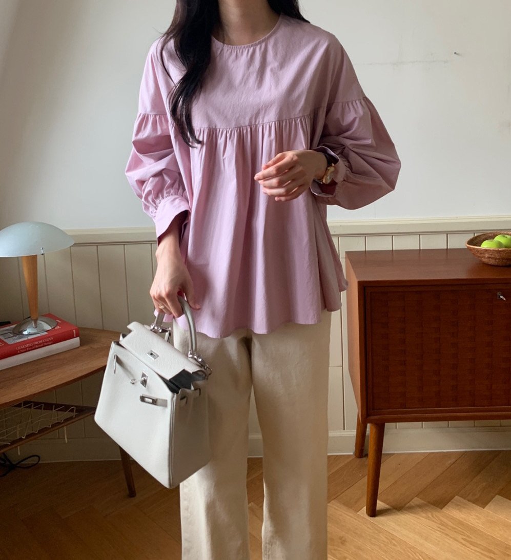 여자 가을 럭키룸 반밴딩 소매 A라인 플레어 블라우스 결혼식 하객패션 - 상세 이미지 2