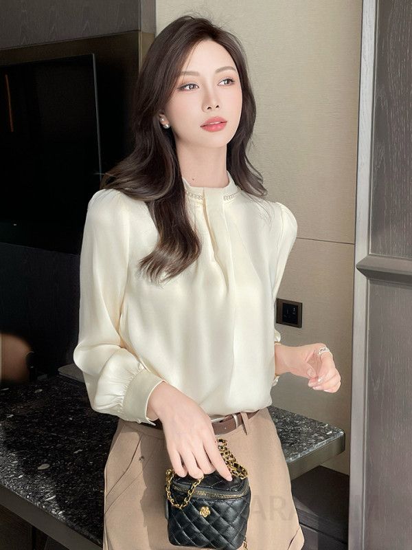 가을 진주 장식 쉬폰 블라우스 여성용 루즈핏 라운드넥 스타일 레트로 감각 고급스러운 디자인 하객룩용 - 상세 이미지 2