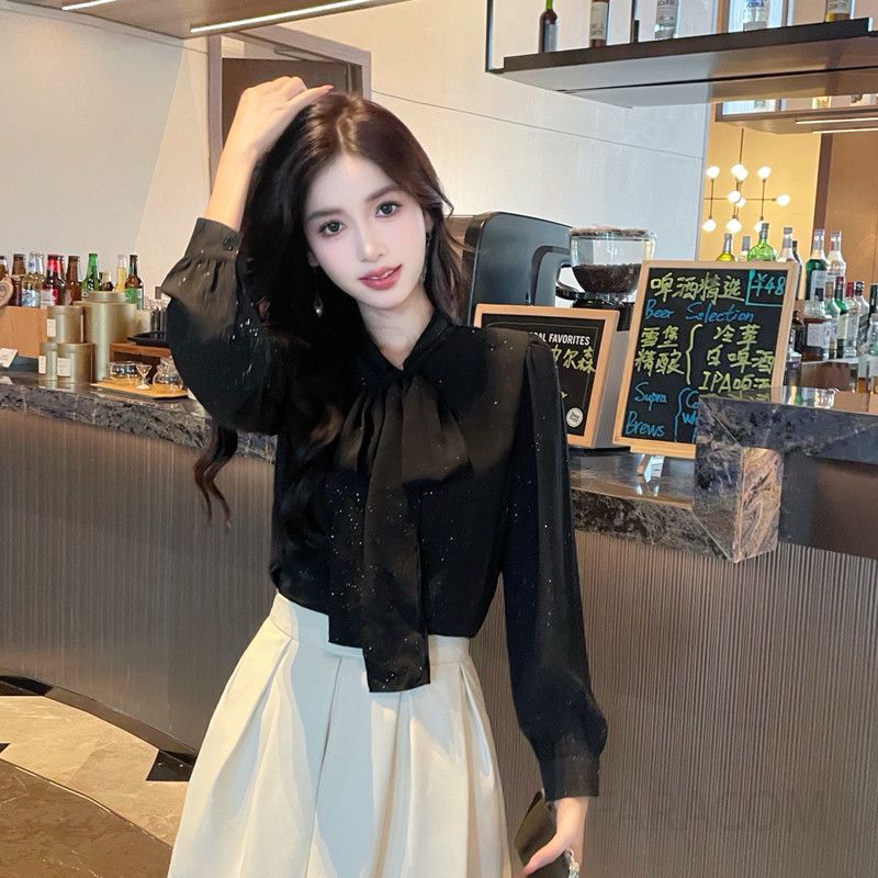 여성 가을 긴팔 쉬폰 셔츠 리본타이 블라우스 고급스러운 디자인 전문가용 데일리 스타일 하객룩 코디 추천 - 상세 이미지 5