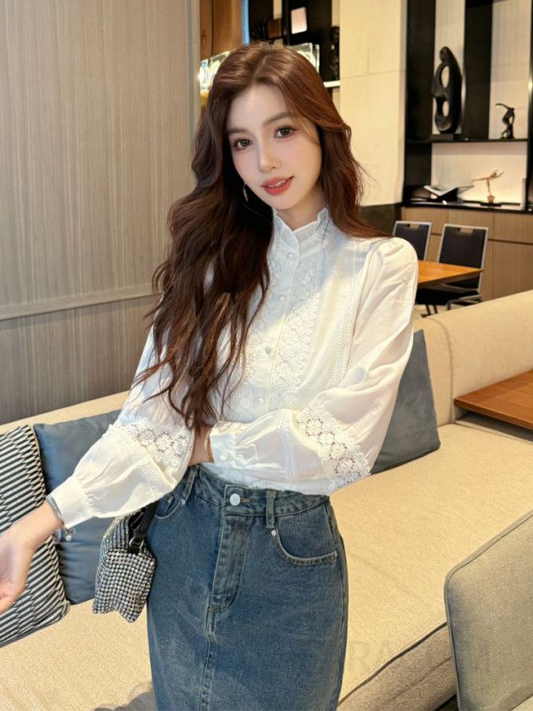 여성 가을 레이스 스티칭 화이트 블라우스 러플 스탠드 칼라 루즈핏 긴팔 셔츠 스타일리시한 데일리룩 하객룩 코디용 - 상세 이미지 3