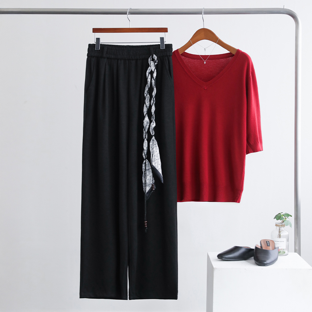 유니티 에스닉 스카프 벨트 우드비즈 데님워싱 밴딩 와이드 팬츠 - 상세 이미지 4