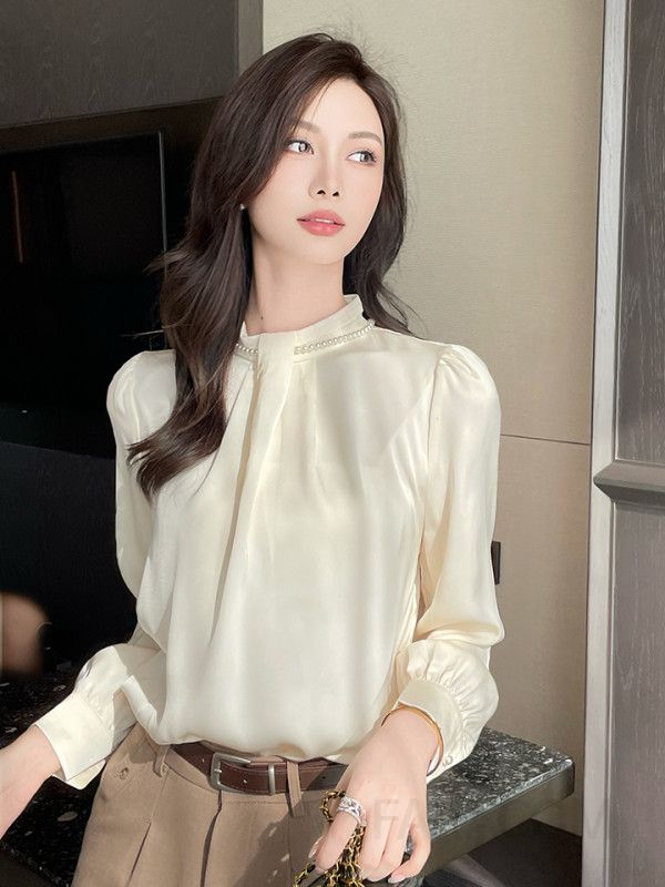 가을 진주 장식 쉬폰 블라우스 여성용 루즈핏 라운드넥 스타일 레트로 감각 고급스러운 디자인 하객룩용 - 상세 이미지 3