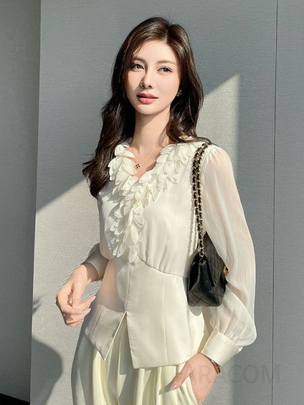 가을 여성용 브이넥 쉬폰 블라우스 슬림핏 깃털 패치워크 디자인 통근용 긴팔 상의 스타일리시한 코디네이트를 위한 고급스러운 아이템 - 상세 이미지 4