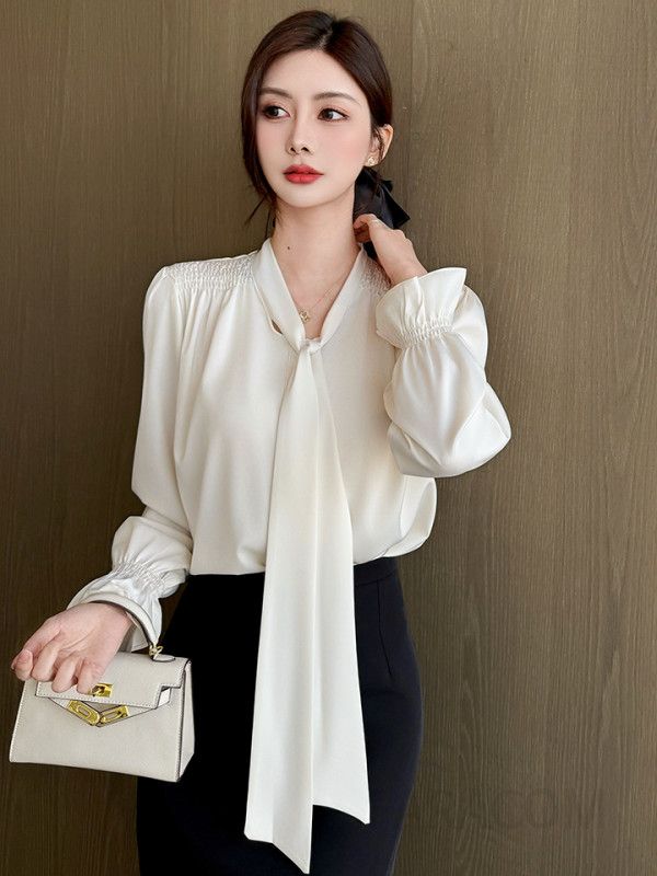 여성용 고급 새틴 리본 블라우스 가을 긴팔 쉬폰 셔츠 루즈핏 세련된 하객룩 스타일링 고급스러운 착용감 - 상세 이미지 3