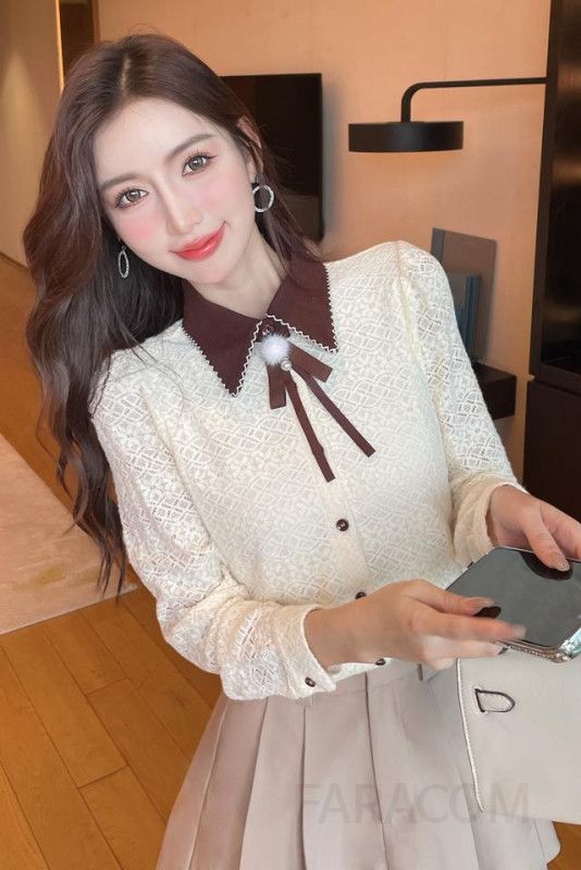 여성 라펠 레이스 긴팔 셔츠 가을 출퇴근용 우아한 스타일 데일리 블라우스 캐주얼 레이어드 이너로 활용 가능한 모던한 디자인 - 상세 이미지 3
