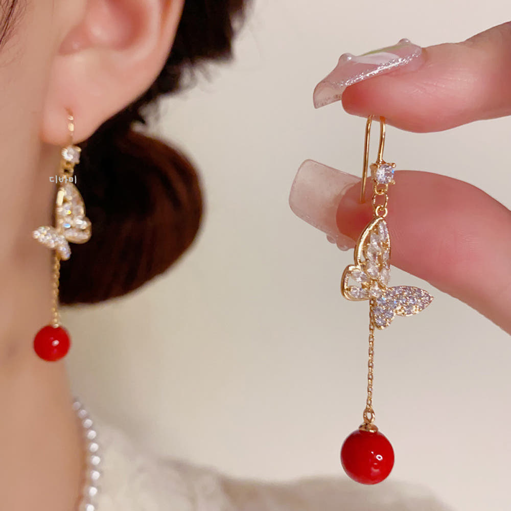 14K 레드 볼 큐빅 나비귀걸이 러블리 화려한 롱 이어링 - 상세 이미지 5