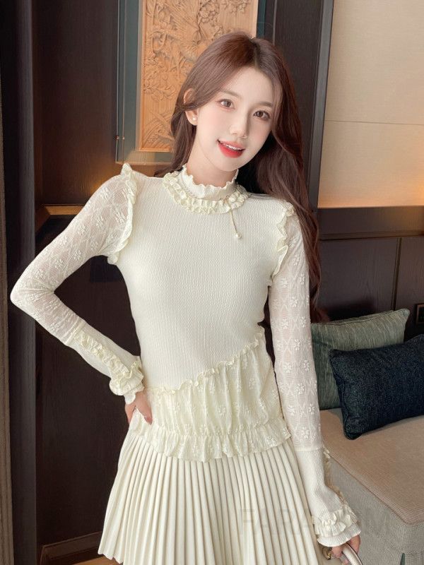 레이스 긴팔 블라우스 여성 가을 빈티지 스타일 루즈핏 레이어드 가능한 베이지 컬러 데일리 셔츠 편안한 착용감 캐주얼룩 데이트룩 여성스러운 디자인 - 상세 이미지 2