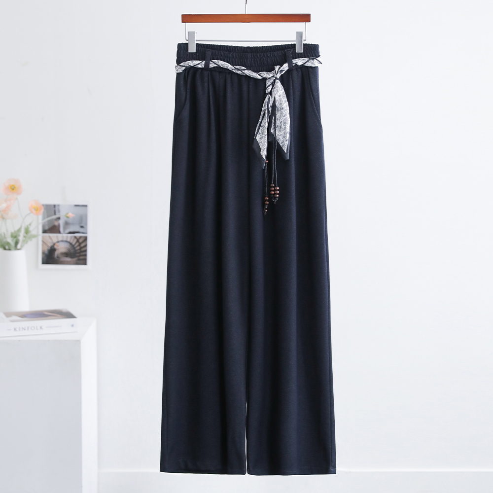 유니티 에스닉 스카프 벨트 우드비즈 데님워싱 밴딩 와이드 팬츠 - 상품 이미지