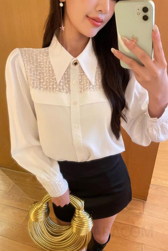 흰색 여성 퍼프 슬리브 블라우스 가을 스타일 루즈핏 시크한 프랑스 디자인 데일리 여성 의류 고급스러운 착용감 이미지 6