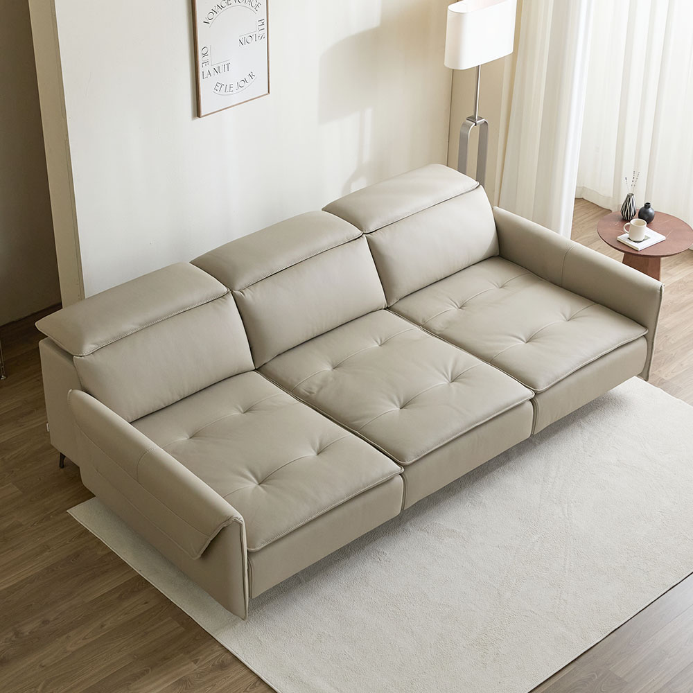 라모네 전동 리클라이너 슬라이딩 천연 가죽 소파 스툴미포함, 베이지, 4인용