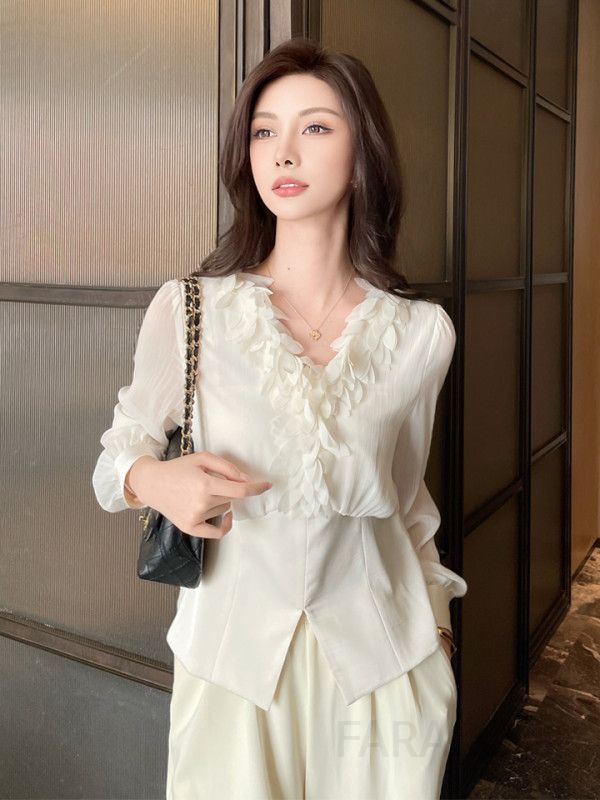 가을 여성용 브이넥 쉬폰 블라우스 슬림핏 깃털 패치워크 디자인 통근용 긴팔 상의 스타일리시한 코디네이트를 위한 고급스러운 아이템 - 상세 이미지 2