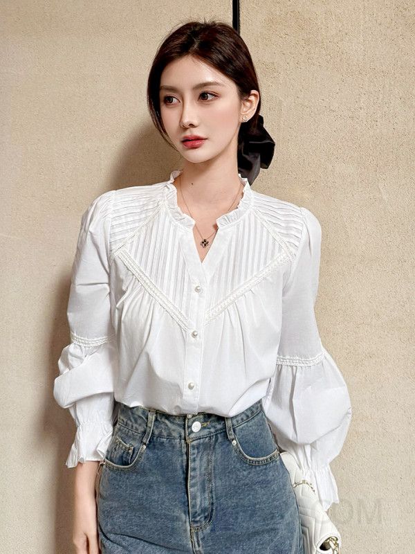 여성용 브이넥 긴팔 셔츠 가을 패셔너블 프렌치 스타일 데일리 블라우스 캐주얼 코디 다용도 디자인 시크한 매력적인 - 상세 이미지 3