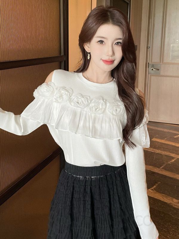 화이트 블라우스 여성용 가을 러플 긴팔 티셔츠 오프숄더 스타일 데일리 비즈 장식 통근용 룩 여성스러운 코디 쉬폰 소재 늘어지는 핏 - 상세 이미지 3