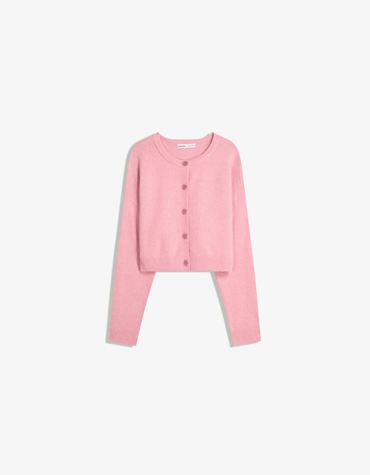 버쉬카 라운드넥 소프트터치 크롭 버튼 가디건 6985/693 PINK - 메인 이미지