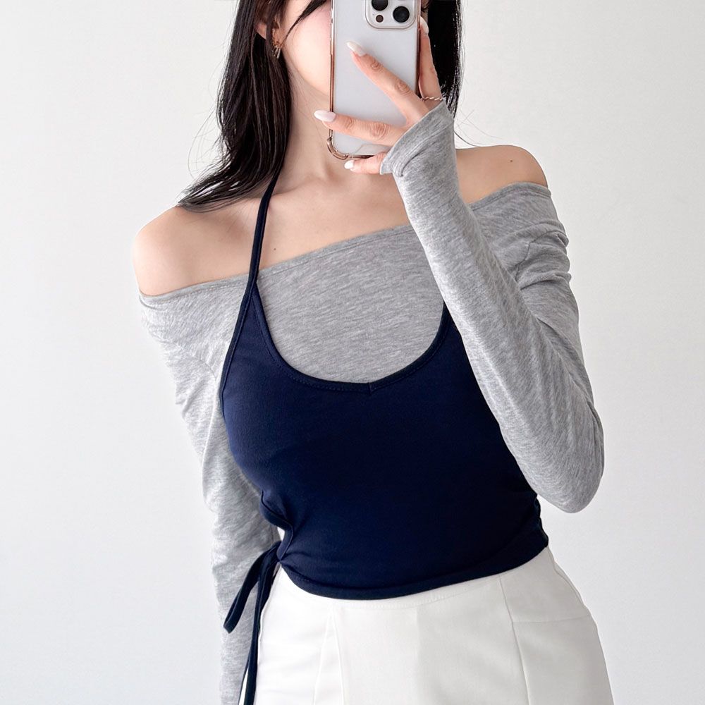 뮤딘프 레이어드티셔츠 배색 홀터나시 데일리룩 AF0981 - 상품 이미지