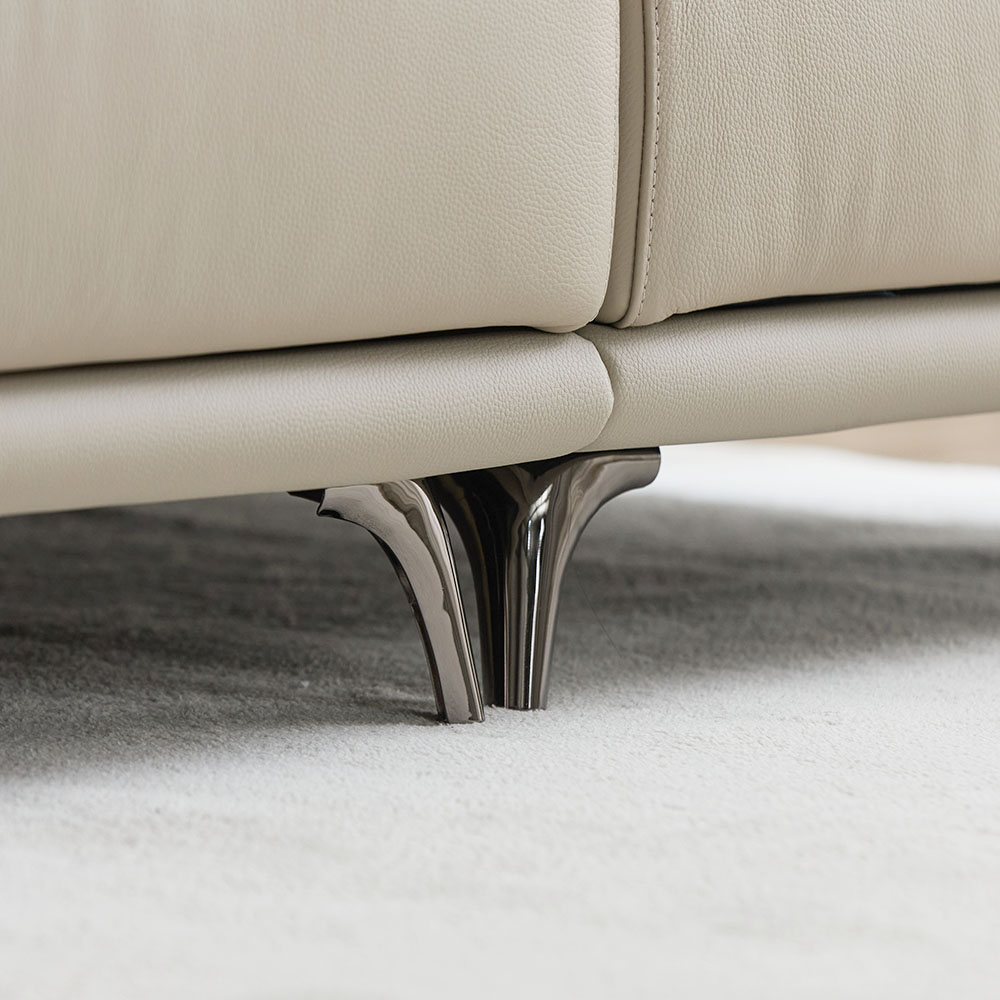 라모네 전동 리클라이너 슬라이딩 천연 가죽 소파 스툴미포함, 베이지, 4인용