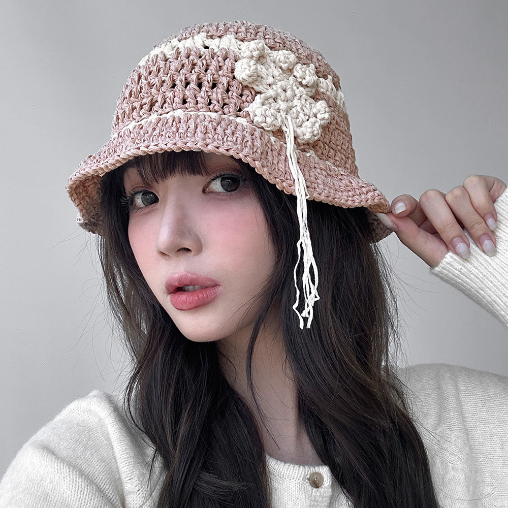 손뜨게 플라워 니트 벙거지 봄 여름 가을 여성 버킷햇 레이스 펀칭 플로피햇 - 상세 이미지 2