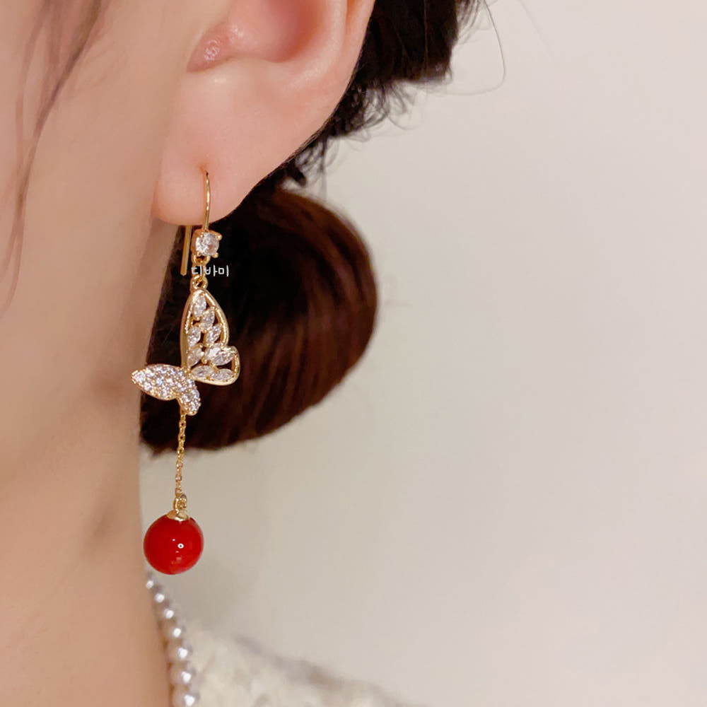 14K 레드 볼 큐빅 나비귀걸이 러블리 화려한 롱 이어링 - 상세 이미지 3