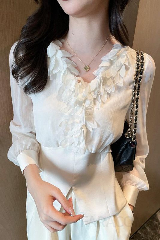 가을 여성용 브이넥 쉬폰 블라우스 슬림핏 깃털 패치워크 디자인 통근용 긴팔 상의 스타일리시한 코디네이트를 위한 고급스러운 아이템 이미지 6