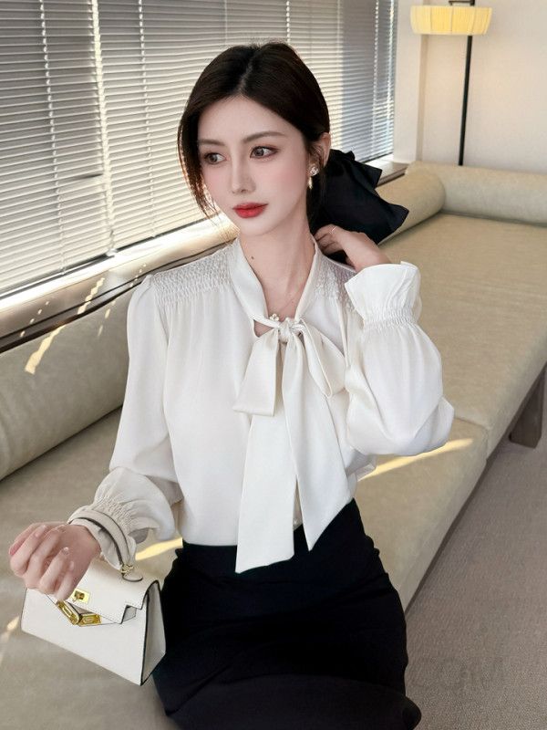 여성용 고급 새틴 리본 블라우스 가을 긴팔 쉬폰 셔츠 루즈핏 세련된 하객룩 스타일링 고급스러운 착용감 - 상세 이미지 5
