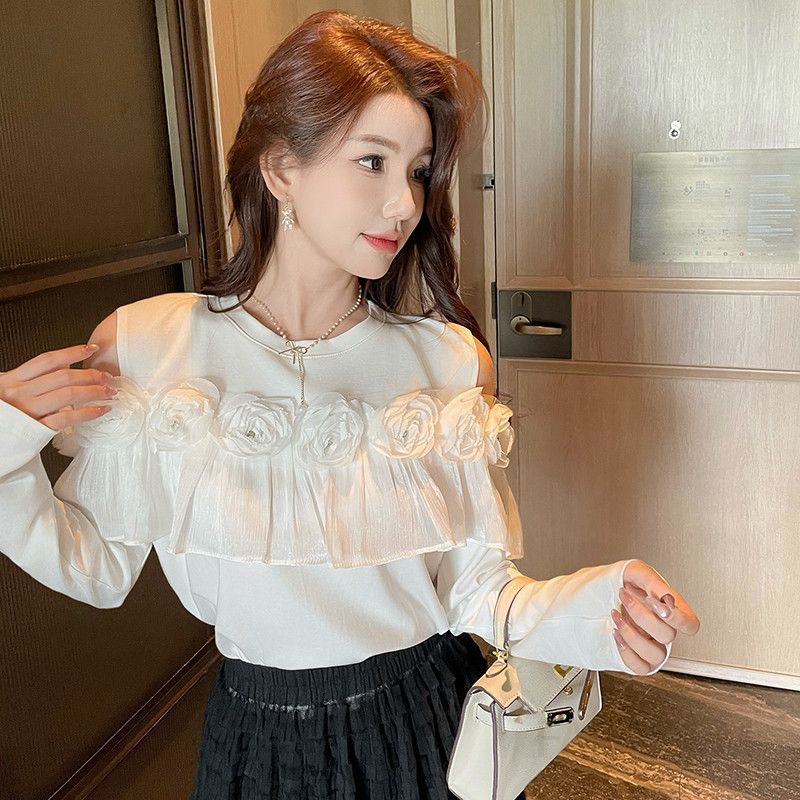 화이트 블라우스 여성용 가을 러플 긴팔 티셔츠 오프숄더 스타일 데일리 비즈 장식 통근용 룩 여성스러운 코디 쉬폰 소재 늘어지는 핏 - 상품 이미지