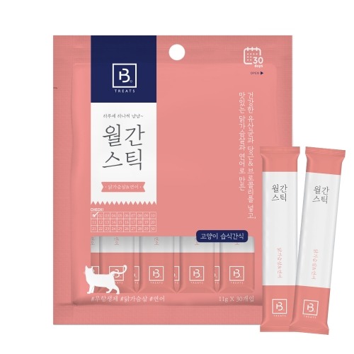 브리더랩 월간스틱 고양이 반려묘 짜먹는 대용량 간식 닭가슴살+연어, 11g, 30개 - 메인 이미지