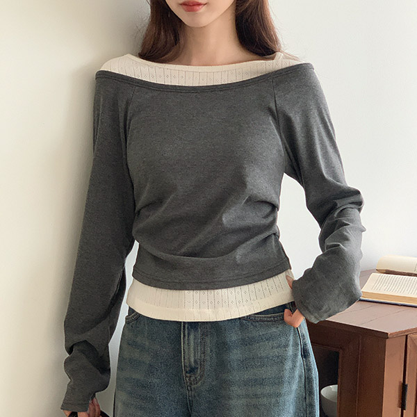 펀칭 보트넥 배색 레이어드 긴팔 티셔츠 ts4723 - 상품 이미지