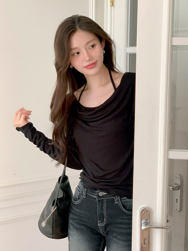 드레이프 홀터넥 레이어드 물결 밑단 긴팔 티셔츠 ts4720 - 상세 이미지 3