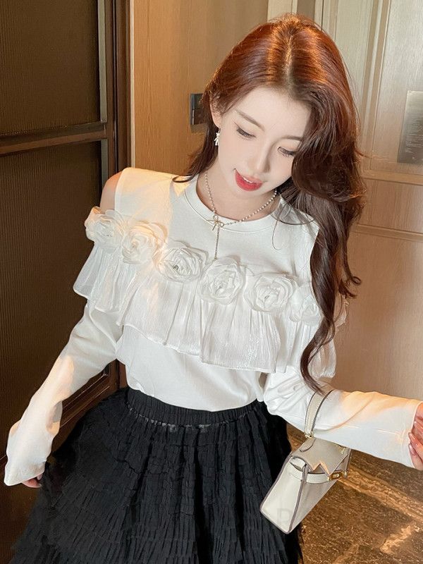 화이트 블라우스 여성용 가을 러플 긴팔 티셔츠 오프숄더 스타일 데일리 비즈 장식 통근용 룩 여성스러운 코디 쉬폰 소재 늘어지는 핏 - 상세 이미지 5