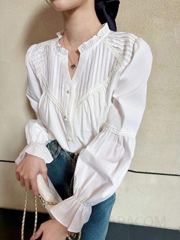 여성용 브이넥 긴팔 셔츠 가을 패셔너블 프렌치 스타일 데일리 블라우스 캐주얼 코디 다용도 디자인 시크한 매력적인 - 상세 이미지 4