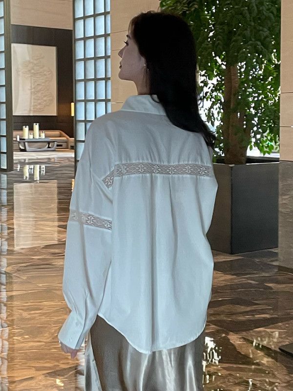 레이스 패치워크 루즈핏 긴팔 셔츠 여성 가을 블라우스 스타일링 쉬폰 소재의 고급스러운 디자인 데일리 캐주얼 재킷 활용 가능한 편안한 착용감 - 상세 이미지 5