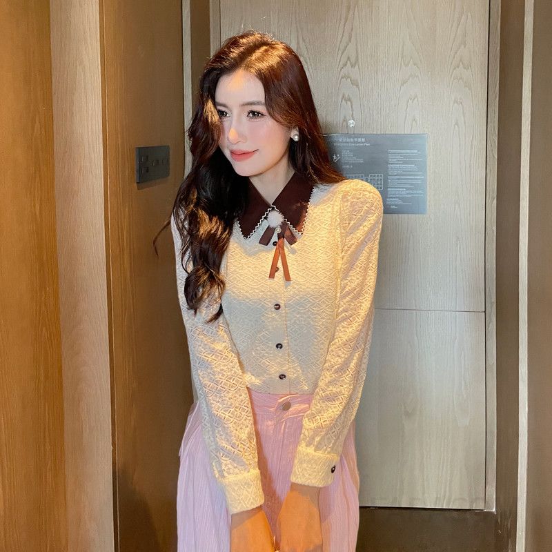 여성 라펠 레이스 긴팔 셔츠 가을 출퇴근용 우아한 스타일 데일리 블라우스 캐주얼 레이어드 이너로 활용 가능한 모던한 디자인 - 상세 이미지 4