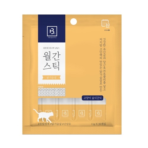 브리더랩 월간스틱 고양이 반려묘 짜먹는 대용량 간식 닭가슴살, 11g, 30개 - 메인 이미지