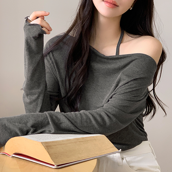 드레이프 홀터넥 레이어드 물결 밑단 긴팔 티셔츠 ts4720 - 상품 이미지