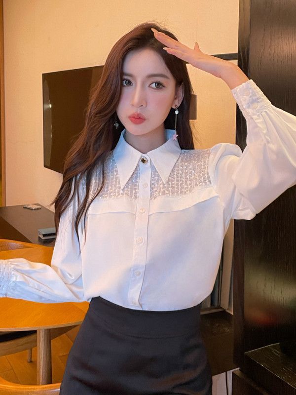 흰색 여성 퍼프 슬리브 블라우스 가을 스타일 루즈핏 시크한 프랑스 디자인 데일리 여성 의류 고급스러운 착용감 - 상세 이미지 5