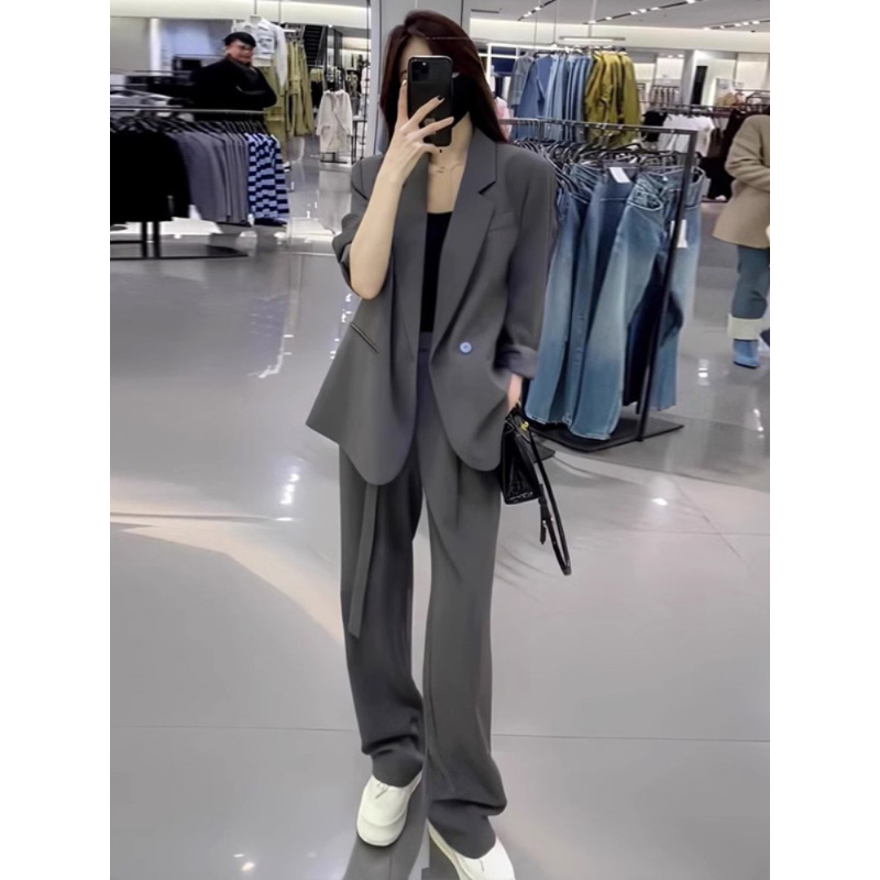 여성용 블레이저 그레이 세미 정장 투피스 감각 옷깃 여성정장 여자정장 오피스룩 투피스정장 그레이 블레이저와 바지 세트 S - 상세 이미지 2
