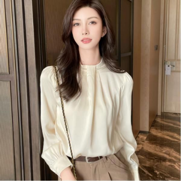 가을 진주 장식 쉬폰 블라우스 여성용 루즈핏 라운드넥 스타일 레트로 감각 고급스러운 디자인 하객룩용 - 상품 이미지
