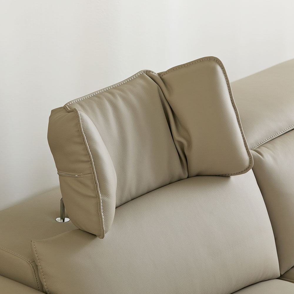 라모네 전동 리클라이너 슬라이딩 천연 가죽 소파 스툴미포함, 베이지, 4인용