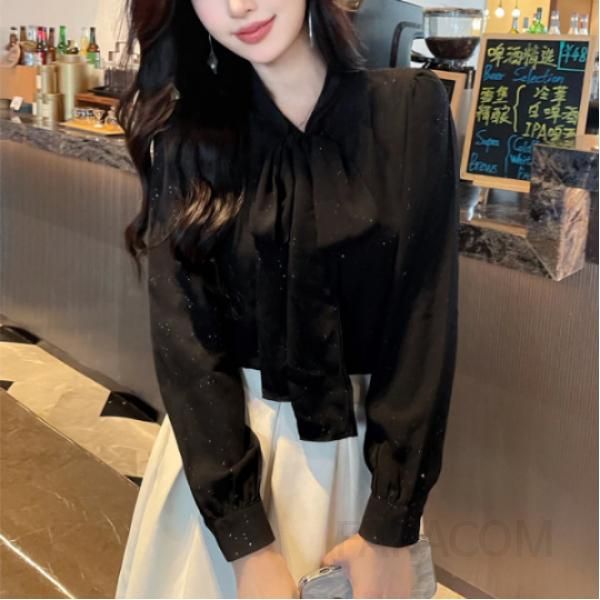 여성 가을 긴팔 쉬폰 셔츠 리본타이 블라우스 고급스러운 디자인 전문가용 데일리 스타일 하객룩 코디 추천 - 상품 이미지