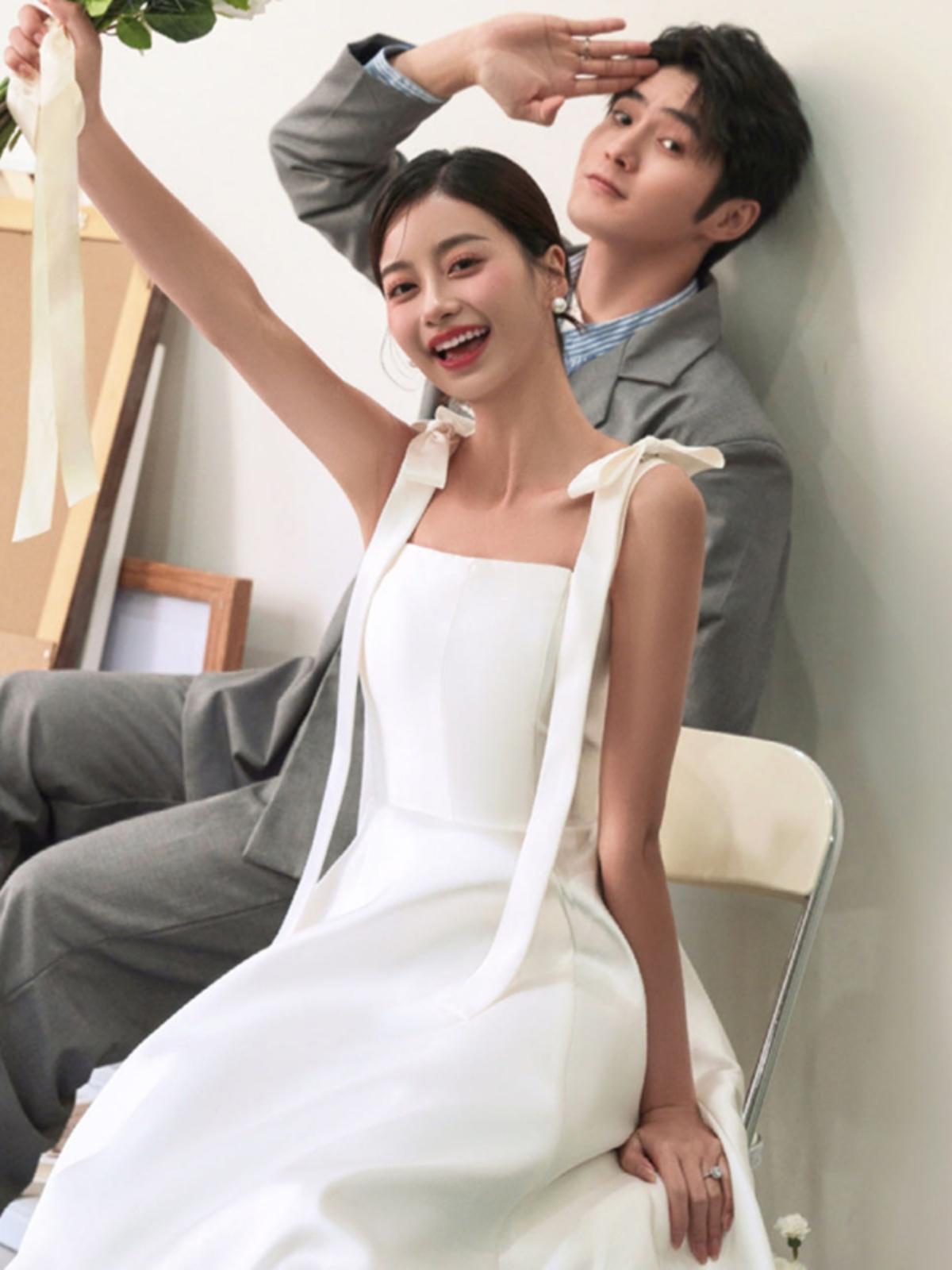 리본드레스 셀프웨딩 스냅촬영 프렌치 브라이덜샤워 화이트 XS - 상세 이미지 3