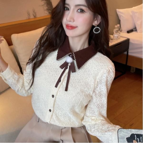 여성 라펠 레이스 긴팔 셔츠 가을 출퇴근용 우아한 스타일 데일리 블라우스 캐주얼 레이어드 이너로 활용 가능한 모던한 디자인 - 상품 이미지