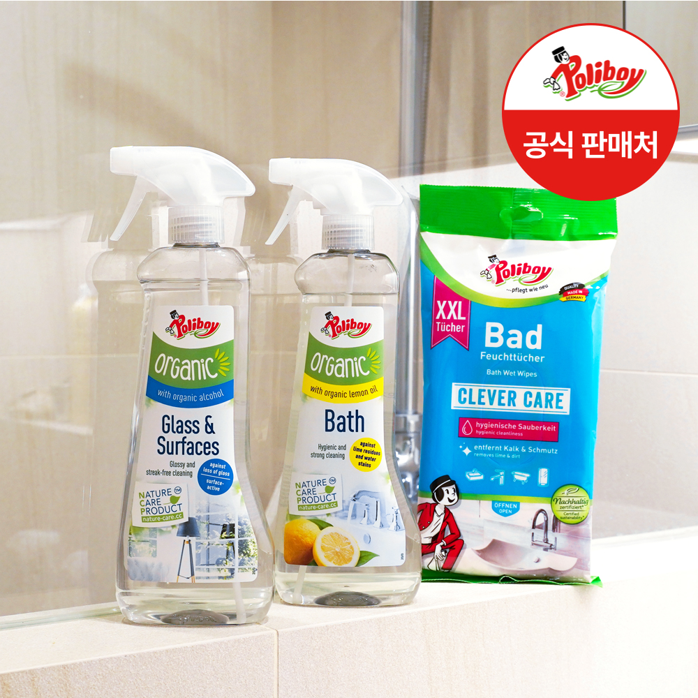 폴리보이 욕실 3종세트 오가닉 레몬 세제 500ml+거울 세정제 500ml+욕실청소 티슈