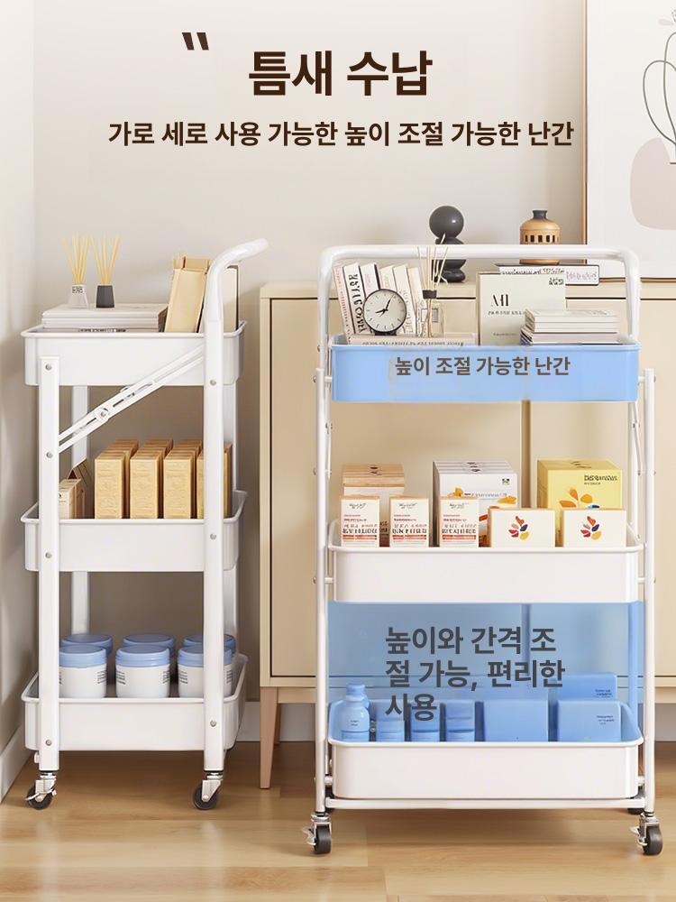 바퀴달린 틈새 선반 접이식 3층-화이트 철제 트롤리 3단 아이보리화이트 폴딩형 사용즉시 - 상세 이미지 4