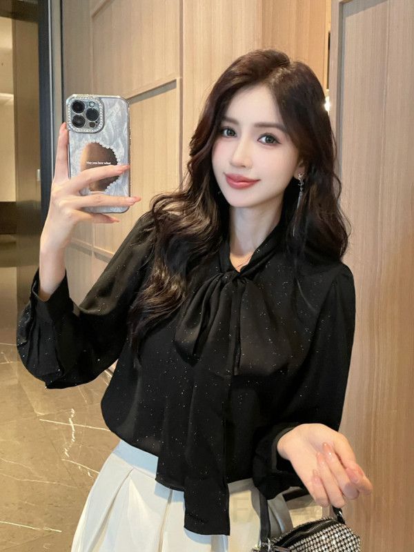 여성 가을 긴팔 쉬폰 셔츠 리본타이 블라우스 고급스러운 디자인 전문가용 데일리 스타일 하객룩 코디 추천 이미지 6