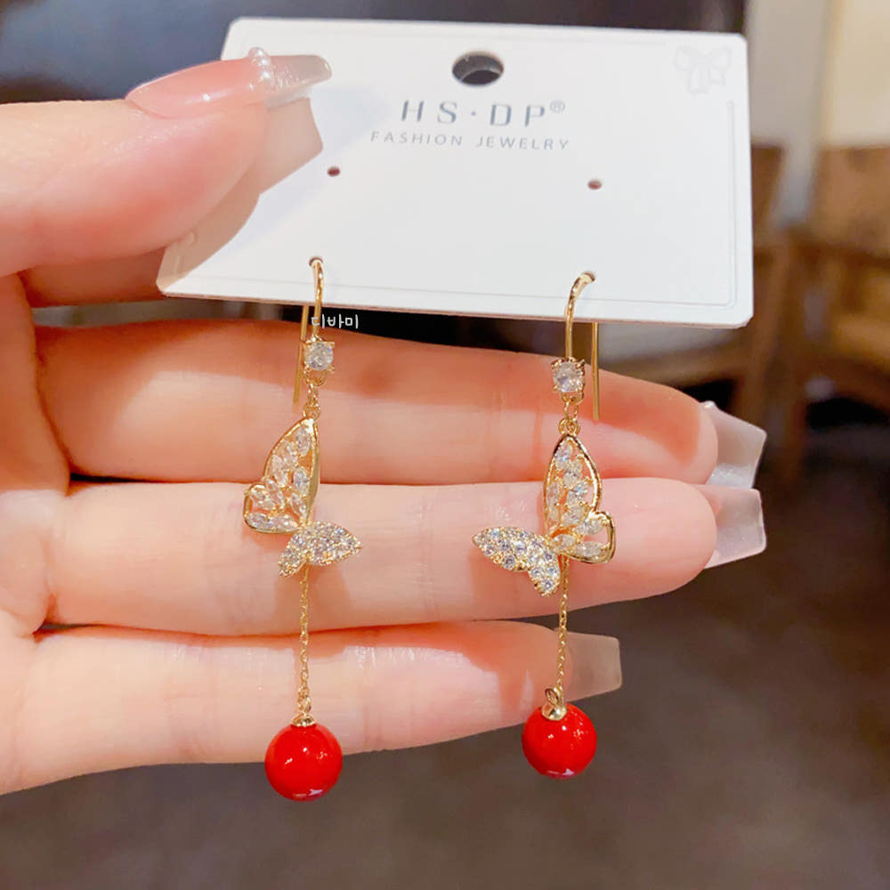 14K 레드 볼 큐빅 나비귀걸이 러블리 화려한 롱 이어링 - 상세 이미지 2